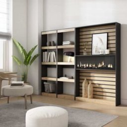 Skraut home Librería efecto madera roble negro 230x25x186cm chimenea efecto fuego