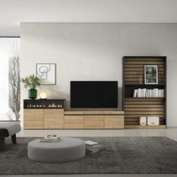 Skraut home Mueble tv efecto madera roble negro 360x35x186cm chimenea efecto fuego