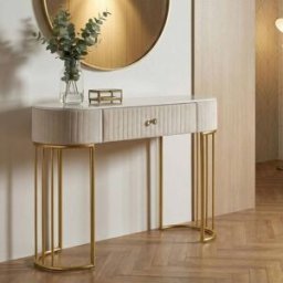 Mauro Ferretti Consola de metal dorado, tela beige y madera blanca cm 100x40x75