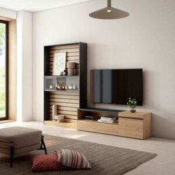 Skraut home Mueble tv efecto madera roble y negro 260x35x186 chimenea efecto fuego