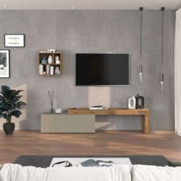 Whous Conjunto de mueble tv 180/290 cm efecto madera color topo mate / roble