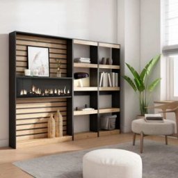 Skraut home Librería efecto madera roble negro 230x25x186cm chimenea efecto fuego