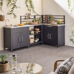 sweeek Cocina exterior 4 módulos de acero inoxidable, negro
