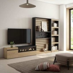 Skraut home Mueble tv efecto madera roble negro 320x35x186cm chimenea efecto fuego