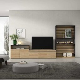 Skraut home Mueble tv efecto madera roble negro 360x35x186cm chimenea efecto fuego