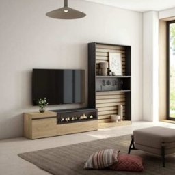 Skraut home Mueble tv efecto madera roble y negro 260x35x186 chimenea efecto fuego