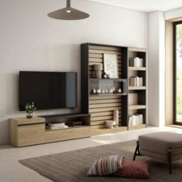 Skraut home Mueble tv efecto madera roble negro 320x35x186cm chimenea efecto fuego
