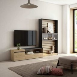Skraut home Mueble tv efecto madera roble negro 260x35x186cm chimenea efecto fuego