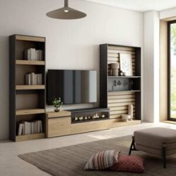 Skraut home Mueble tv efecto madera roble y negro 320x35x186 chimenea efecto fuego