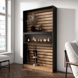 Skraut home Librería efecto madera roble y negro 110x25x186 chimenea efecto fuego