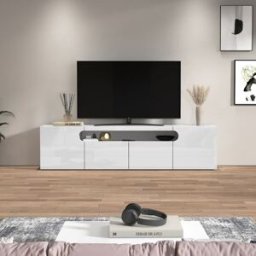 Whous Mueble tv 4 puertas 1 nicho 240 cm efecto madera color blanco brillo