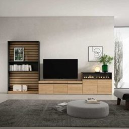 Skraut home Mueble tv efecto madera roble negro 360x35x186cm chimenea efecto fuego