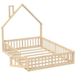 OKWISH Cama infantil natural de pino con chimenea 140x200 cm