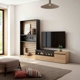 Skraut home Mueble tv efecto madera roble negro 260x35x186cm chimenea efecto fuego