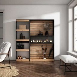 Skraut home Librería efecto madera roble y negro 170x25x186 chimenea efecto fuego