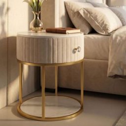 Mauro Ferretti Mesita de noche de metal dorado, tela beige y madera blanca ø cm 42x48