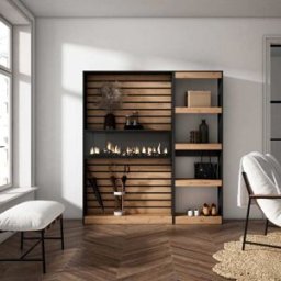 Skraut home Librería efecto madera roble y negro 170x25x186 chimenea efecto fuego