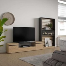 Skraut home Mueble tv efecto madera roble negro 310x35x186cm chimenea efecto fuego