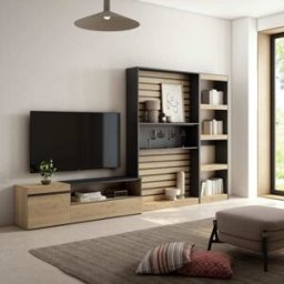 Skraut home Muebles de salón para tv efecto madera roble y negro 320x35x186cm