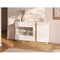 Unique Aparador MURARI - 3 puertas - Con LEDs - Blanco brillante y roble