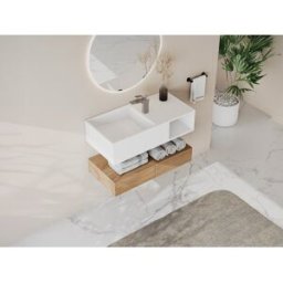Unique Lavabo suspendido con encimera de solid surface con estante - Blanco - Ancho 80 x Prof. 40 x Alt. 20 cm - GOYOKO