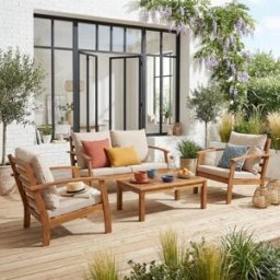 sweeek Conjunto de jardín de madera de 4 plazas cojines crudos