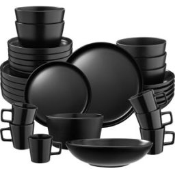 Tectake Juego de vajilla para 6 personas, 30 piezas apilables, negro