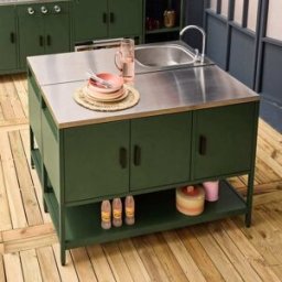 sweeek Cocina exterior 2 módulos acero inoxidable, verde