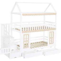 OKWISH Litera infantil blanca y natural de madera con almacenaje 90x200 cm
