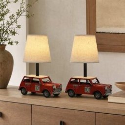 NIYLO Conjunto de 2 lámparas sobremesa coche en acero rojo 27x20x13 cm