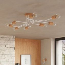 Wonderlamp Lámpara de techo blanco y madera con 8 brazos irregulares