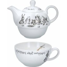V&A Juego de tetera y taza de porcelana fina blanca y negra