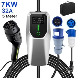 Cargador JUNSUN Portátil 7 kW Tipo 2 IP67 5 m con Adaptador CEE-Schuko