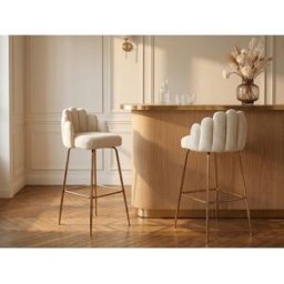 Unique Conjunto de 2 taburetes de bar en tela bouclé y metal dorado - Crema - ALTINAM