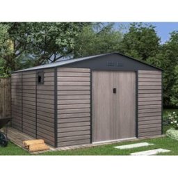 Unique Caseta de jardín metálica de acero galvanizado efecto madera - Gris - 13,12 m² - ADELMO