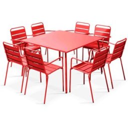 Oviala Mesa de jardín cuadrada y 8 sillas de metal rojas