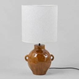 Maisons du Monde Lámpara de mesa de gres marrón con pantalla de lino beige