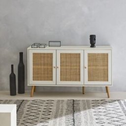 sweeek Aparador escandinavo efecto madera y caña con 3 puertas, 120cm, blanco