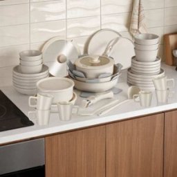 Tectake Set básico de cocina para 6 personas, 46 piezas, gris topo/blanco