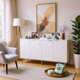 Urban Meuble Mesa consola blanca con motivos geométricos en relieve y patas doradas