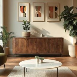 MACABANE Aparador de diseño en madera oscura y metal negro, con 4 puertas