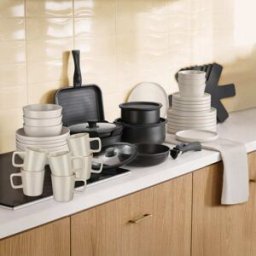 Tectake Set básico de cocina para 6 personas, 47 piezas, negro/gris topo