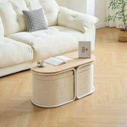 Nordlys Mesa de centro de madera con 2 otomanas de lana blanca