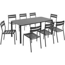 Oviala Mesa de jardín cuadrada (185 x 92 cm) y 8 sillas negras