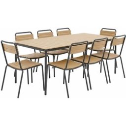 Oviala Conjunto de mesa de jardín de metal y polywood y 8 sillas grises