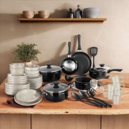 Tectake Juego de cocina para 6 personas, gres, completo, negro/gris topo