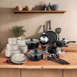 Tectake Juego cocina 6 personas, gres, aluminio, negro, negro/gris topo