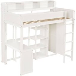 OKWISH Litera blanca de madera con escritorio y armario 90x200 cm