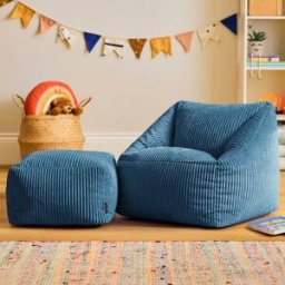 Icon Puf sillón infantil y reposapiés cuadrado a juego de pana azul vaquero