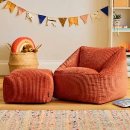 Icon Puf sillón infantil y reposapiés cuadrado a juego de pana terracota